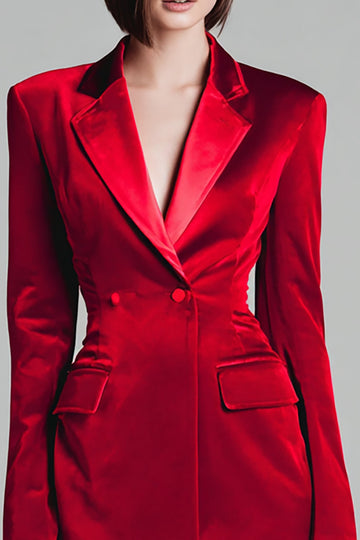 Veludo Vermelho Notched Lapela Vestido Blazer Curto